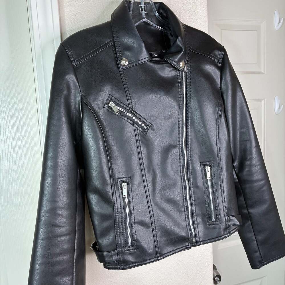 SHEIN Black Faux Leather Cropped Moto Biker Jacket Size Large - Picture 6 of 9